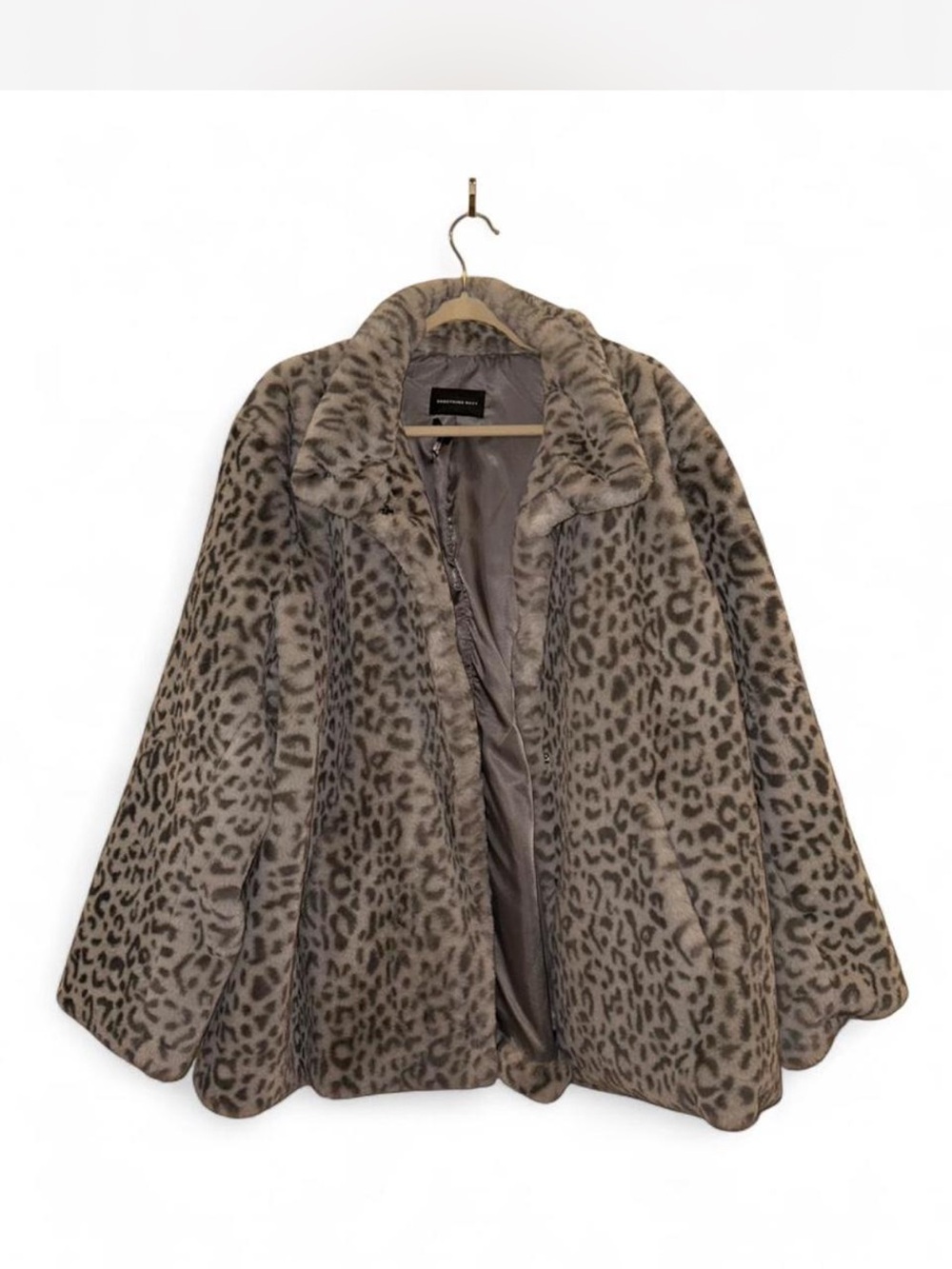 Something Navy Grey leopard print faux fur coat with pockets - Size XXL